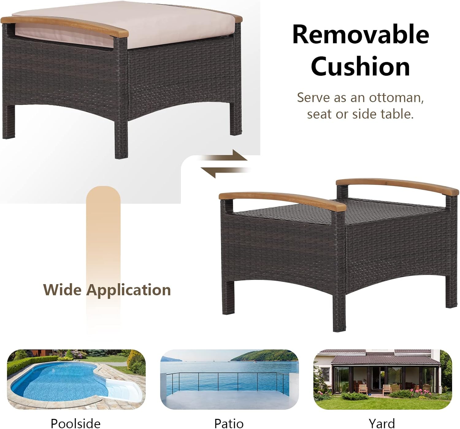 RELAX4LIFE Outdoor Wicker Ottomans for Patio - 2 Pieces PE Rattan Ottoman, Footrest Seat with Zippered Cushions, Acacia Wood Handles, 3-in-1 Footstool, Side Table for Poolside, Backyard (Brown)