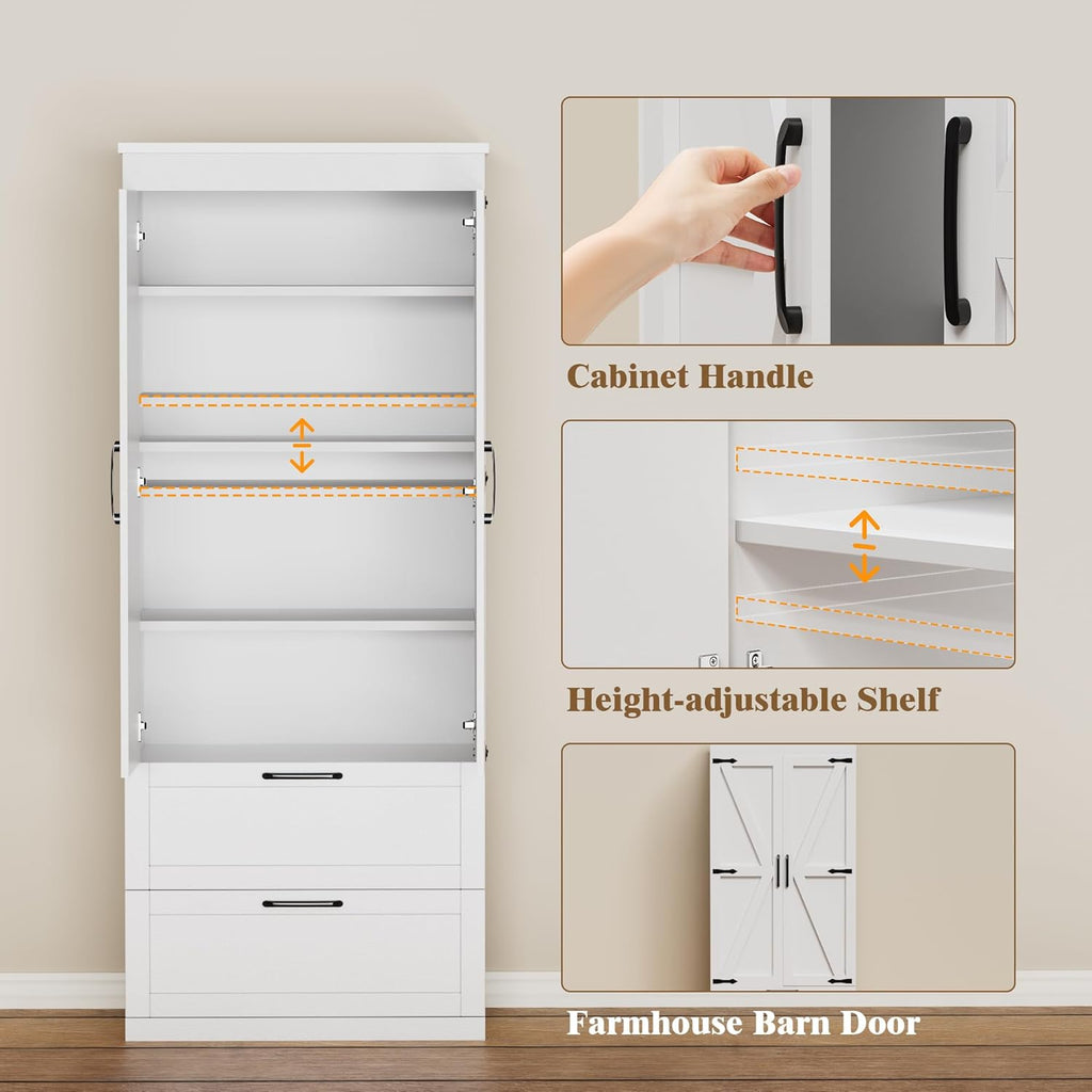 71” H Kitchen Pantry Cabinet, 4-Tier Farmhouse Storage Cabinet with Barn Doors, 2 Drawers, Adjustable Shelf, Freestanding Cupboard for Kitchen, Bathroom, Living Room (White)
