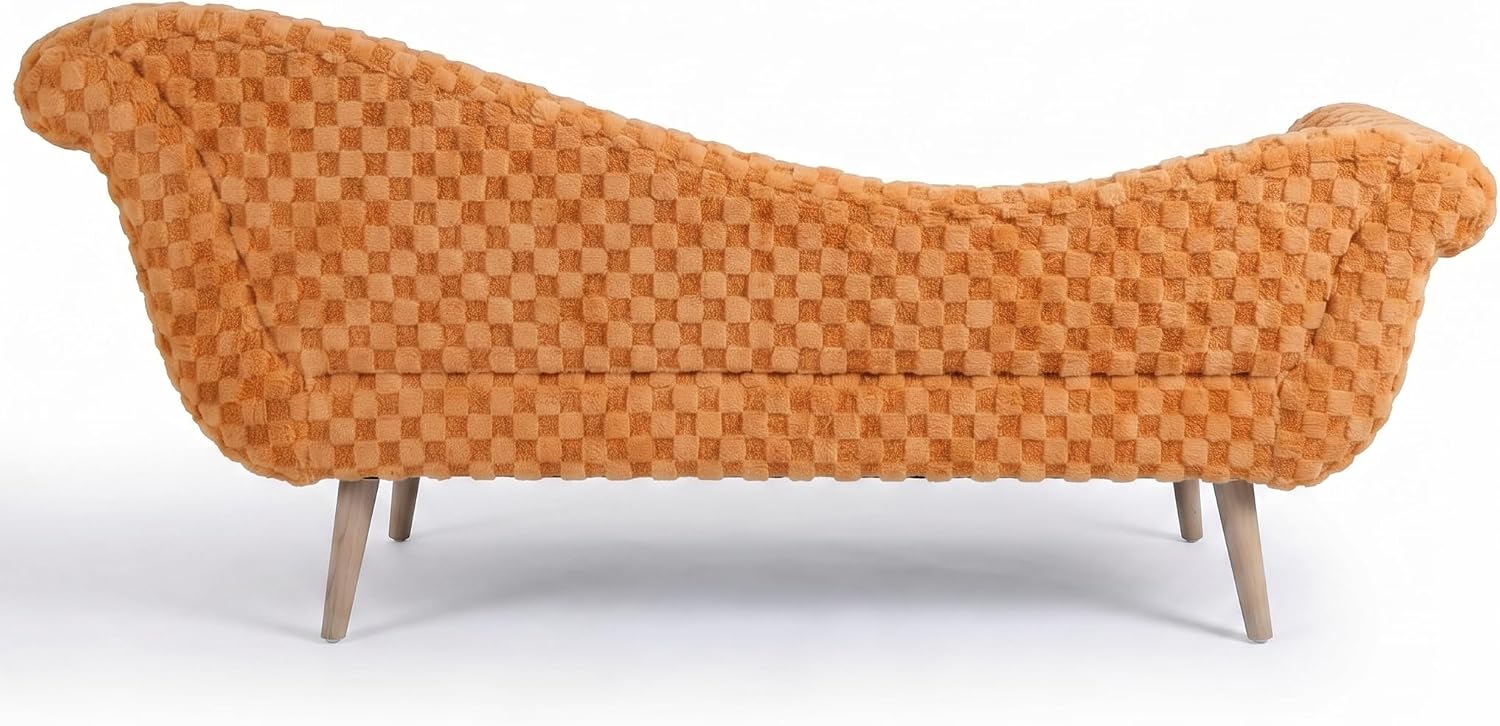 ERYE Upholstered Left Facing Chaise Lounge Chair W/Scroll Arms and Wood Legs, Elegant Chaise Lounge Square Pattern Accent Recliner Lounger Sofa for Living Room Bedroom