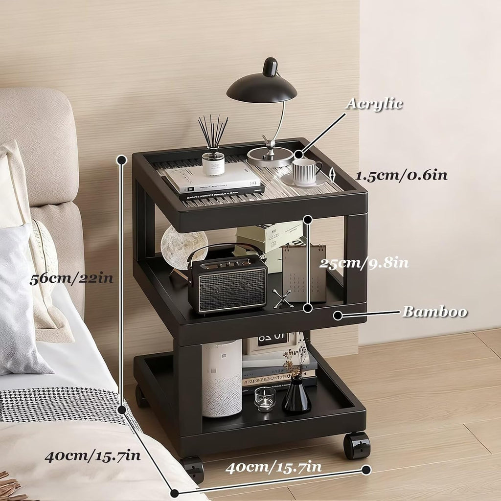 Bedroom Nightstand Cart Mobile Multi-Function Shelf with Lockable Casters, Storage Cart with Wooden Frame for Kitchen Living Room, S-Shaped End Table Bedside Table, Black 11.8x11.8x22in
