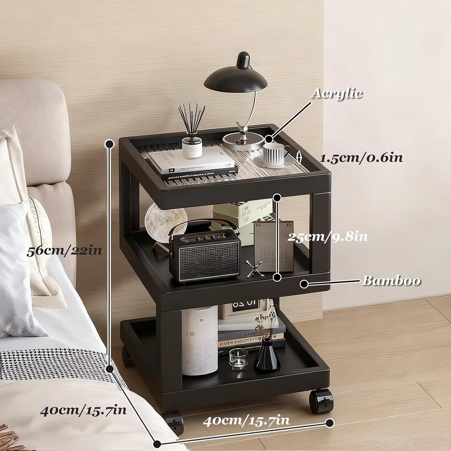Bedroom Nightstand Cart Mobile Multi-Function Shelf with Lockable Casters, Storage Cart with Wooden Frame for Kitchen Living Room, S-Shaped End Table Bedside Table, Black 11.8x11.8x22in