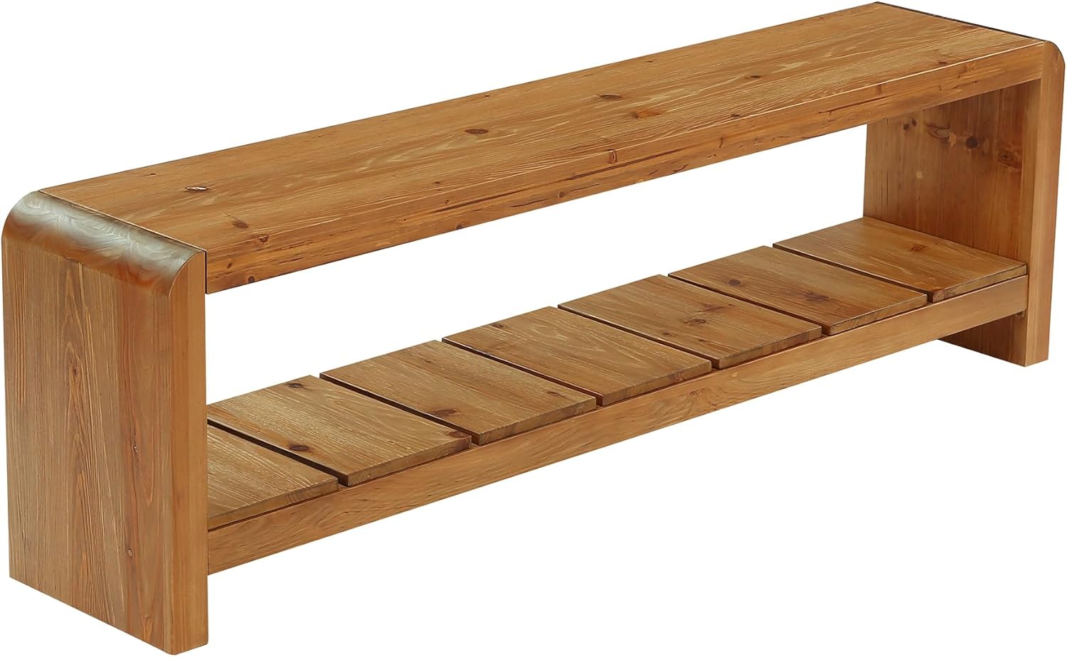 Solid Wood Entryway Bench with Shoe Storage, 59.06-Inch Long Shoe Bench with Open Shelf, Farmhouse End of Bed Seating for Hallway, Foyer, Bedroom, Walnut Brown