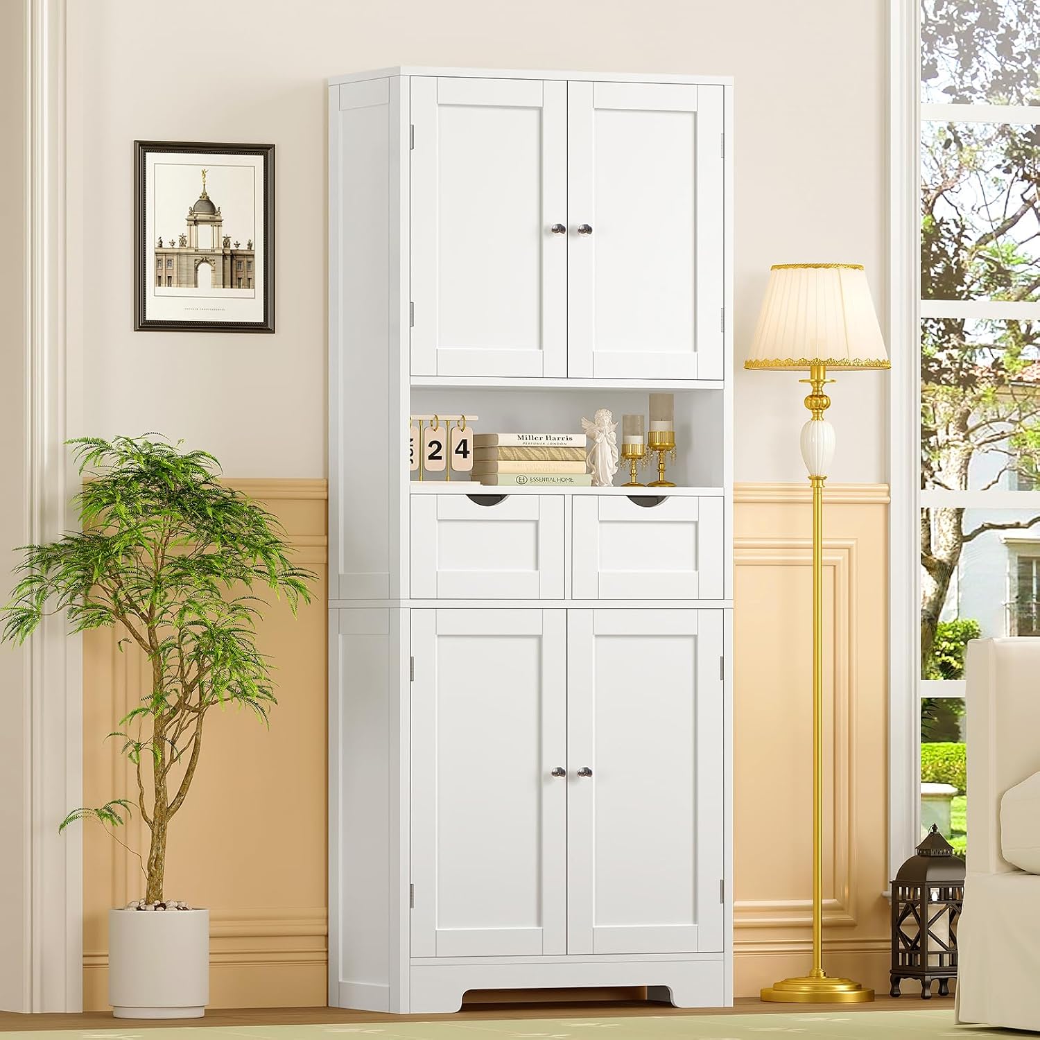 TEENFON Kitchen Pantry Cabinet with Adjustable Shelf, Tall Storage Cabinet with 2 Drawers & 4 Door Shelves, Food Pantry Cabinets, for Kitchen, Dining Room, Living Room, White