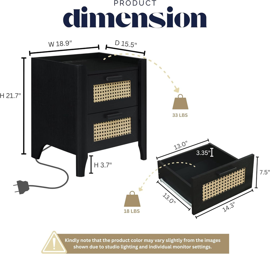 ELISA HOME Rattan-Inspired 2 Drawer Nightstand with Charging Station, Bedside Table with Drawers, Night Stand for Bedroom, End Table or Side Table for Living Room, 15.5" D x 18.9" W x 21.7" H, Black
