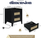 ELISA HOME Rattan-Inspired 2 Drawer Nightstand with Charging Station, Bedside Table with Drawers, Night Stand for Bedroom, End Table or Side Table for Living Room, 15.5" D x 18.9" W x 21.7" H, Black