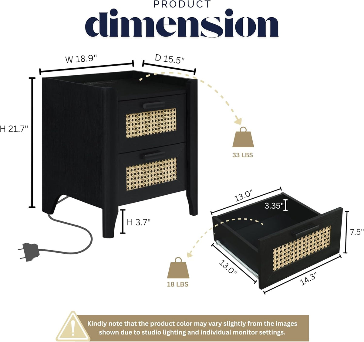 ELISA HOME Rattan-Inspired 2 Drawer Nightstand with Charging Station, Bedside Table with Drawers, Night Stand for Bedroom, End Table or Side Table for Living Room, 15.5" D x 18.9" W x 21.7" H, Black