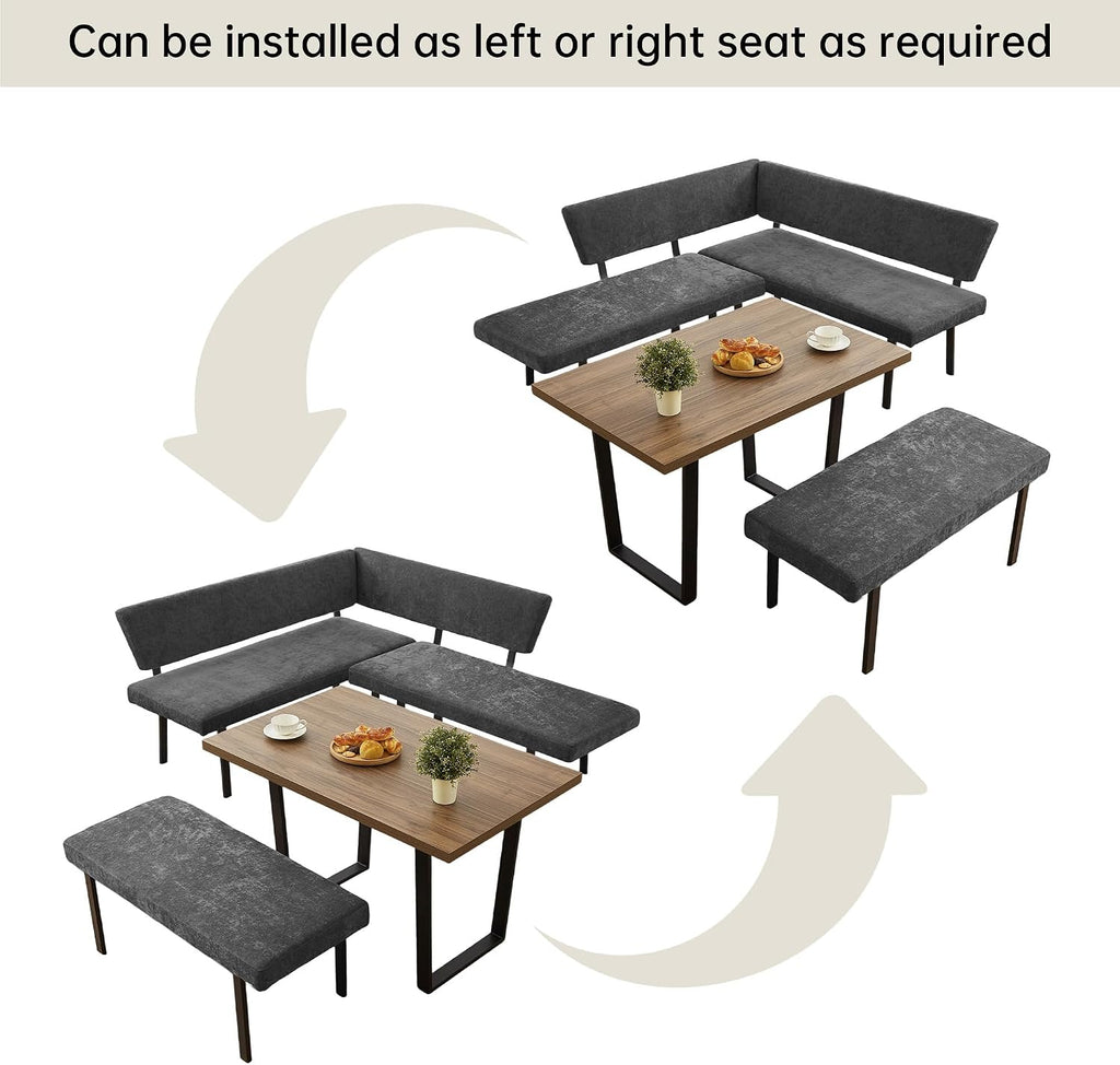 HIPIHOM 3-Piece Corner Dining Table Set with Bench, 67 Inch Space-Saving Breakfast Nook for Kitchen & Dining Room (Walnut Table & Grey Bench)