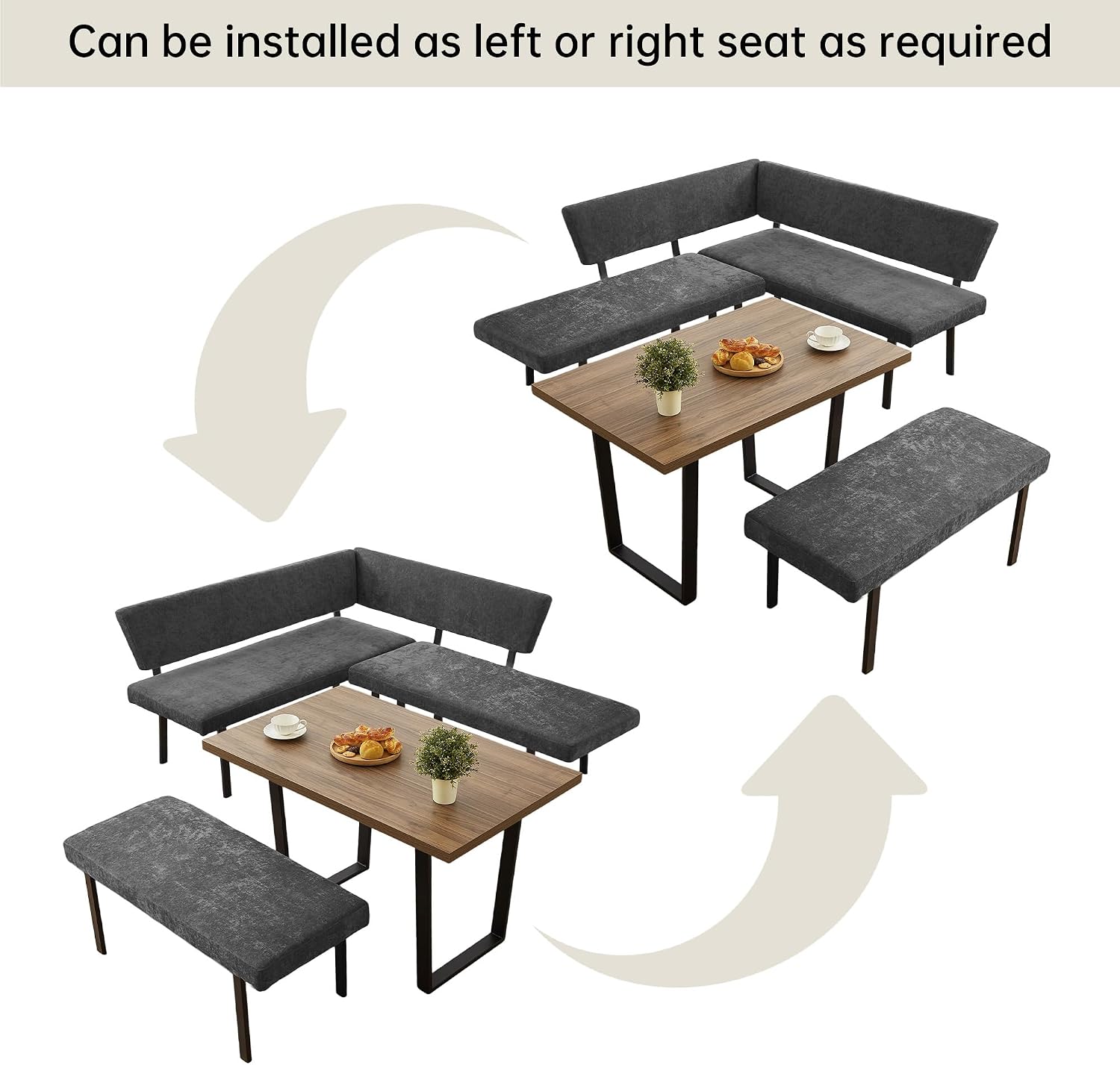 HIPIHOM 3-Piece Corner Dining Table Set with Bench, 67 Inch Space-Saving Breakfast Nook for Kitchen & Dining Room (Walnut Table & Grey Bench)