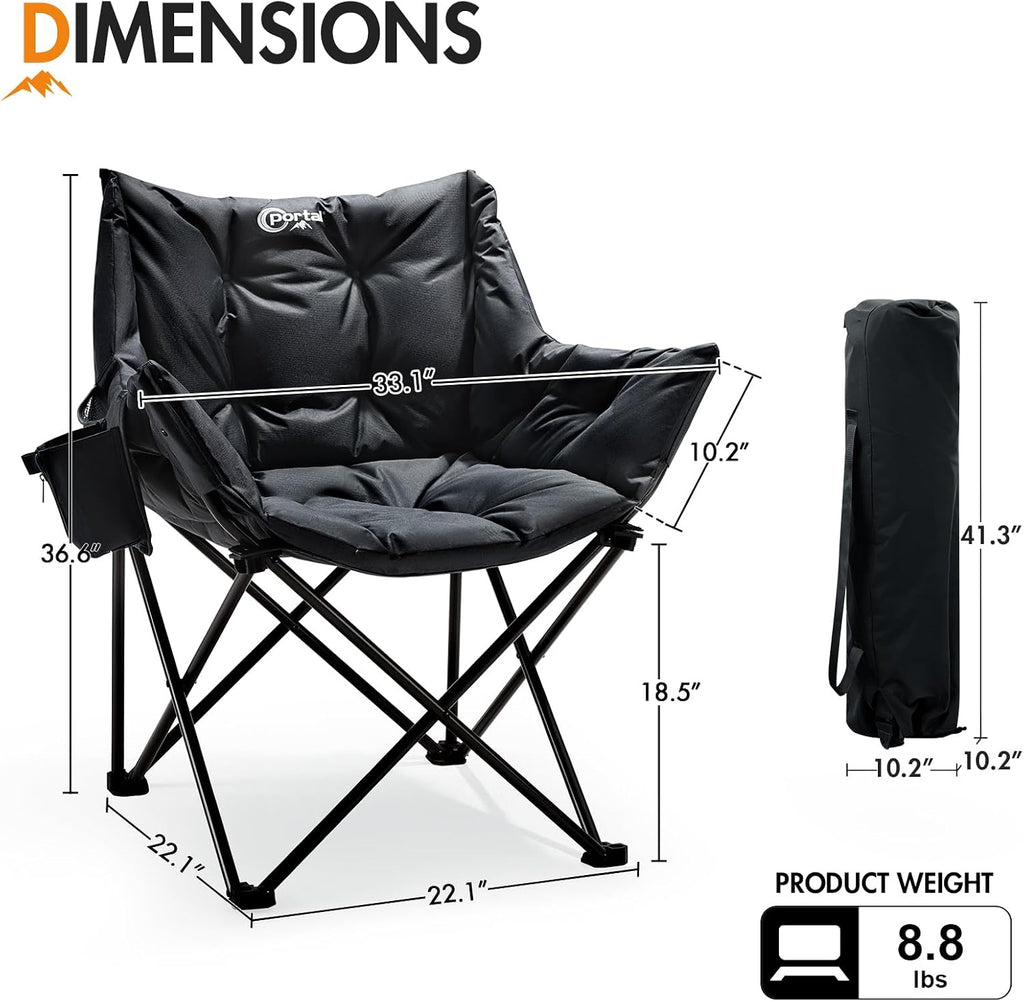 Portal 33" Oversized 2 Pack Padded Camping Chair - Heavy Duty Folding Chair with Cup Holder & Side Pocket, Supports 350 lbs, for Camping, Lawn, Sports, Black