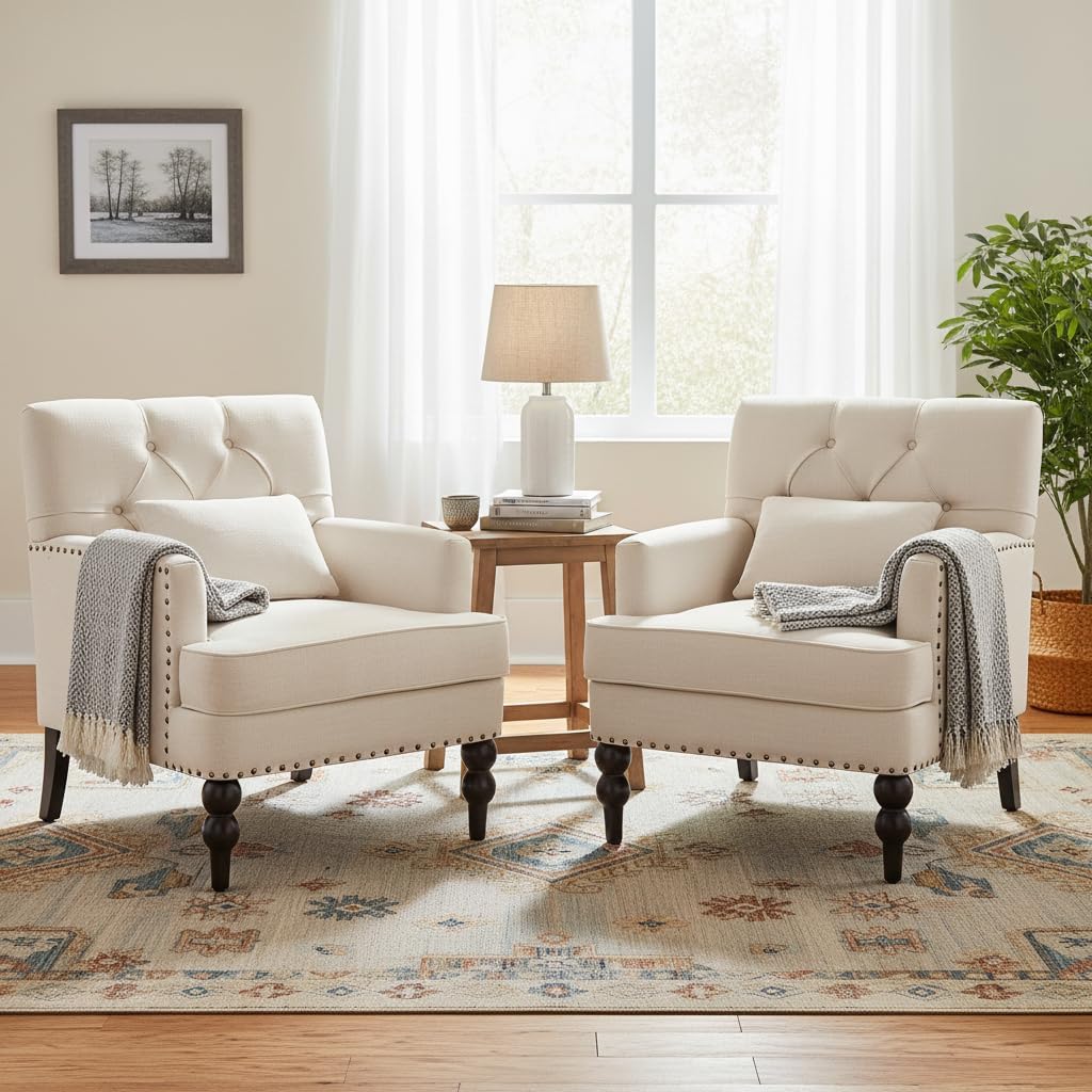 HUIMO Accent Chair, Tufted Upholstered Club Chair, Beige | Upholstered Fabric Armchairs, Button Tufted Reading Chairs for Living Room, Bedroom