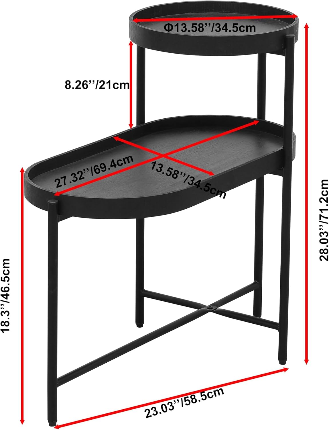2 Tier Side Table with Storage Shelve Small Sofa Table Modern Metal End Table Coffee Table with Wooden Tray Top, Black
