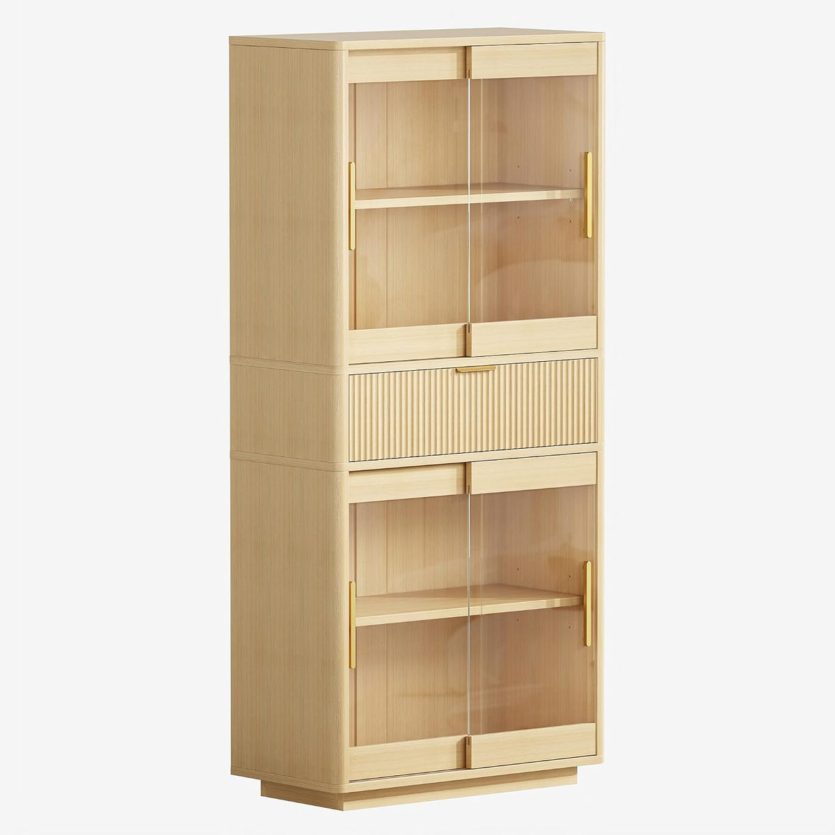 IRONCK 69" Tall Kitchen Pantry, Modern Farmhouse Fluted Kitchen Storage Cabinet with Sliding Glass Doors, Adjustable Shelves & Drawer, Freestanding Cupboard for Kitchen Dining Room Living Room, Oak