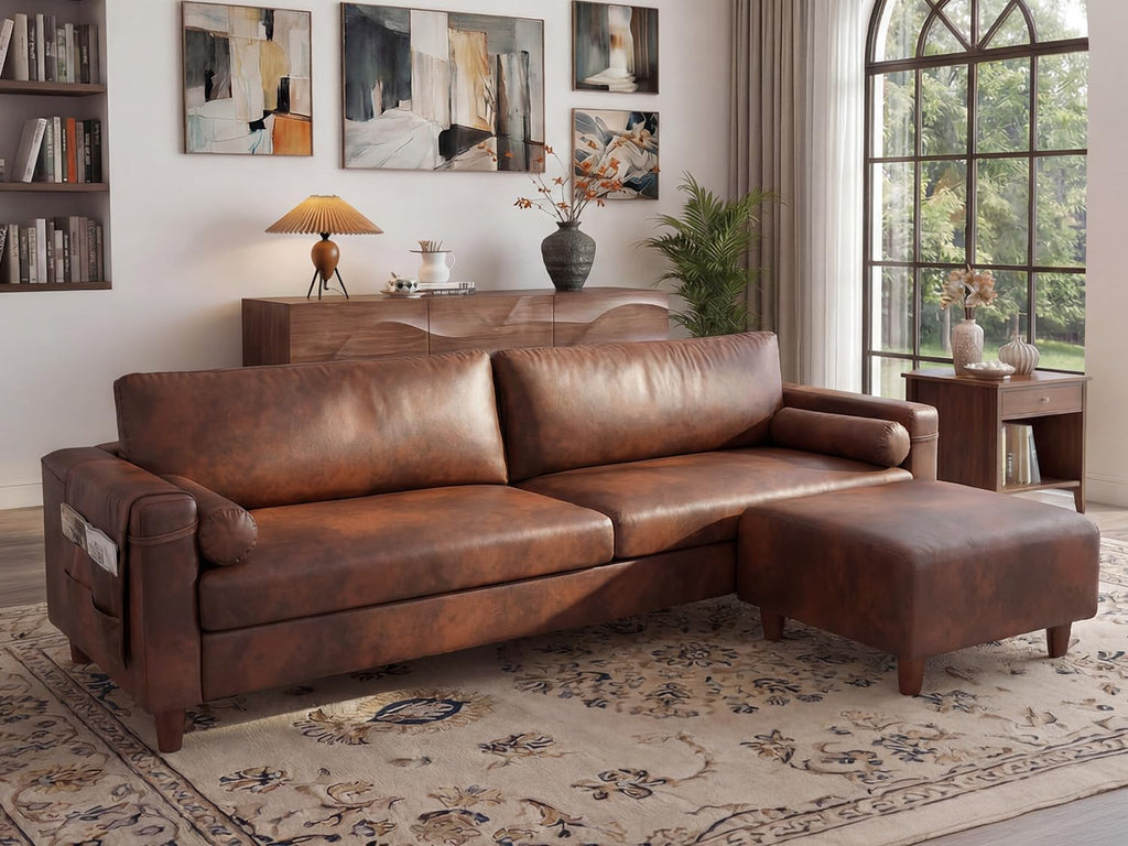 Vesgantti 100" L-Shaped Faux Leather Sectional Couch, Wide Seating, Cocoa | 3 Seater with Movable Ottoman, Mid Century Modern Modular Sofa for Living Room, Apartment, Easy to Assemble, Side Pocket