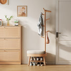 AQIMUELE Entryway Shoe Rack with Coat Rack, Wooden Shoe Bench with Upholstered Cushion, 3-in-1, 2-Tier Shoe Storage and Cute Animal Hooks for Entryway, Hallway, Closet (Natural 24.4")