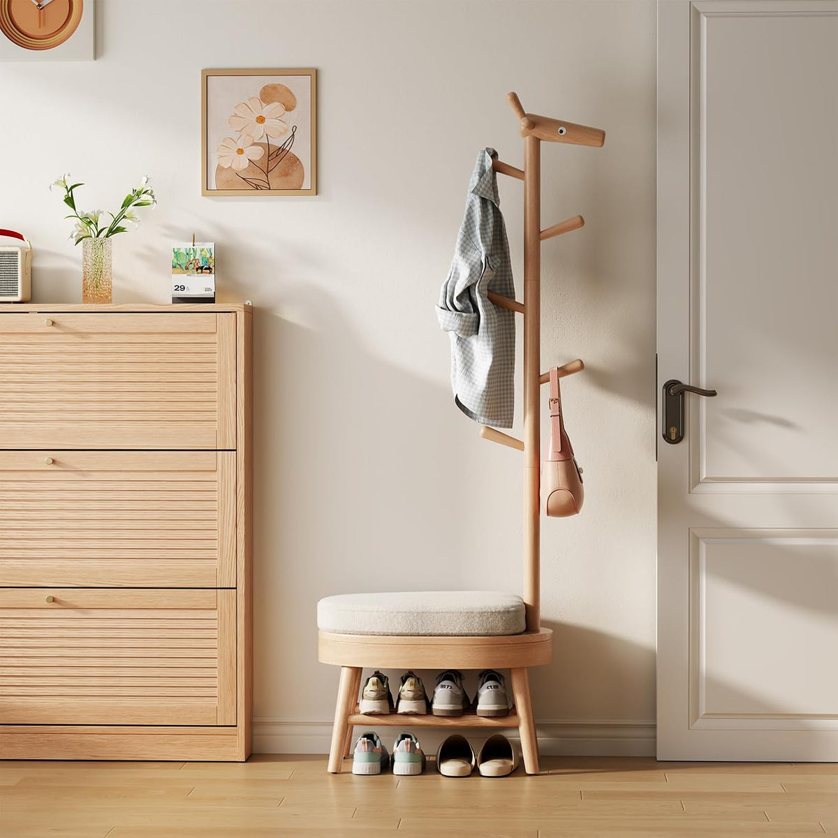AQIMUELE Entryway Shoe Rack with Coat Rack, Wooden Shoe Bench with Upholstered Cushion, 3-in-1, 2-Tier Shoe Storage and Cute Animal Hooks for Entryway, Hallway, Closet (Natural 24.4")