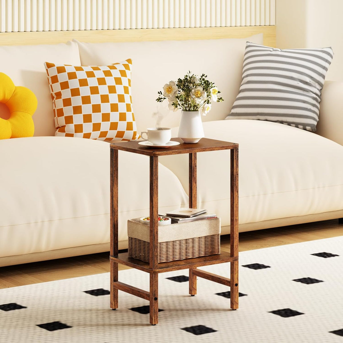 YUFAM Side Table End Table Tall Night Stand 2-Tier for Living Room Bedroom Bathroom Office Furniture Brown