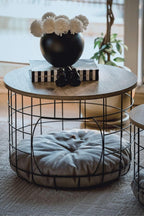2-Piece Nesting Side Table Set with Cushions Scandinavian Style Round MDF and Metal Frame Modern Living Room Furniture Coffee Table for Pets 21.3 in Diameter - Pine-Black-White Cushion