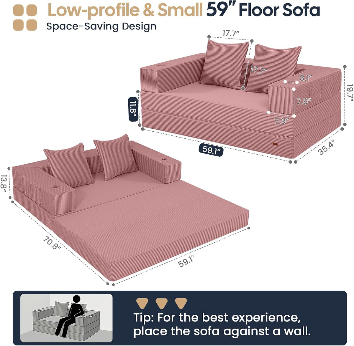 COMAX Futon Sofa Bed, Convertible Sofa Bed, Folding Couches | Low-Profile Small Couch for Living Room, 11.8" H Low Seat 59" Foldable Floor Sofa Lounge Space‑Saving