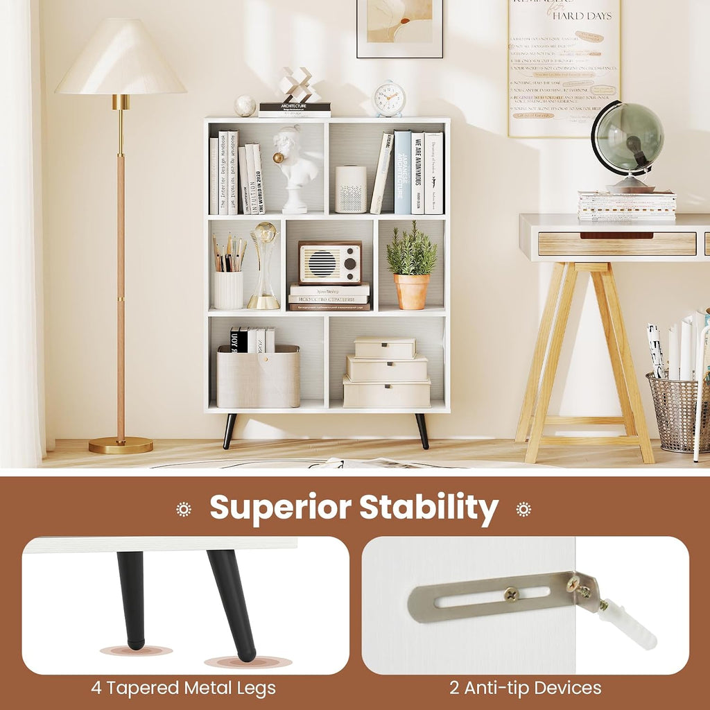 Giantex 7-Cube Bookcase, 3-Tier Modern Bookshelf with 4 Metal Legs, 31.5" Freestanding Open Storage Organizer with 2 Anti-tip Devices, Mid-Century Display Rack for Living Room (31.5" x 9.5" x 42")