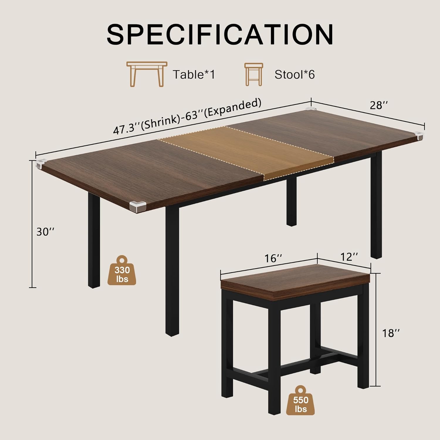 Einhomn 7-Piece Dining Table Set, 63" Extendable Kitchen Room Table with 6 Stools, Mid Century Modern Dinner Table with Metal Frame & MDF Board, Space-Saving, Easy Assembly, Walnut