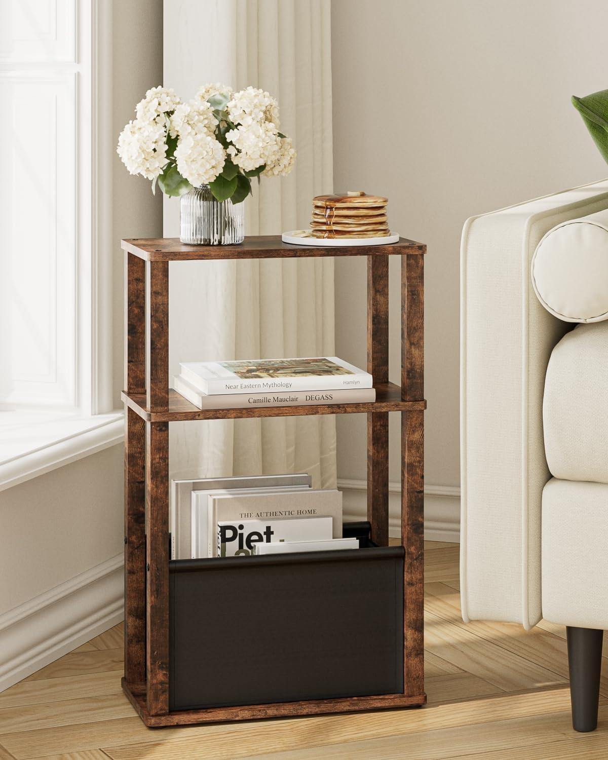 Narrow Side Table, 3-Tier Night Stand with Storage Bag, Skinny Nightstand for Small Spaces, Wooden Bedside Table for Living Room, Bedroom, Rustic Brown