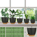 Self Watering Planters with Drainage Holes Reservoir,Nursery Planting Pot for Indoor Decor Garden Plants Succulents,Snake Plant, African Violet,Plastic Flower Pots Set 7+6.5+6+5.5+5 Inch (Black)