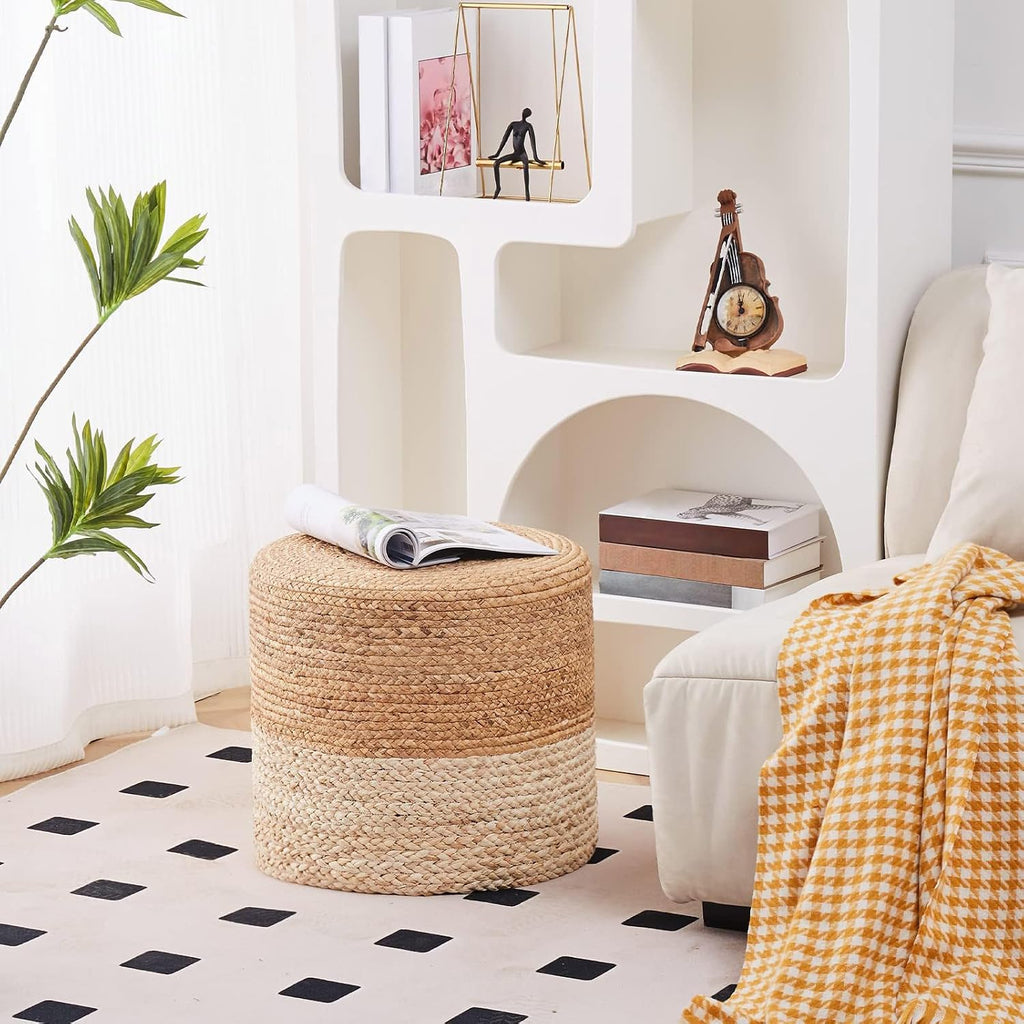 Wimarsbon 2Pcs Pouf Ottomans, Natural Seagrass Foot Stool, Hand Weaving Round Ottoman, Boho Decorative Seat, Jute Braided Pouffe Poof Accent Sitting Footrest (18inch Water Hyacinth Braid & Corn Husk)