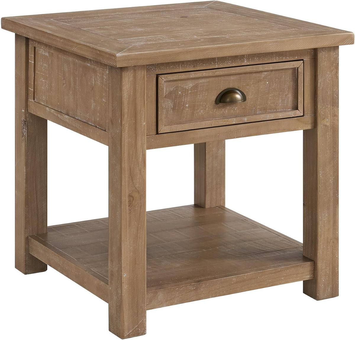Monterey Farmhouse Rustic End Table, Solid Pine Wood Coastal Side Table with Drawer and Shelf. Driftwood.