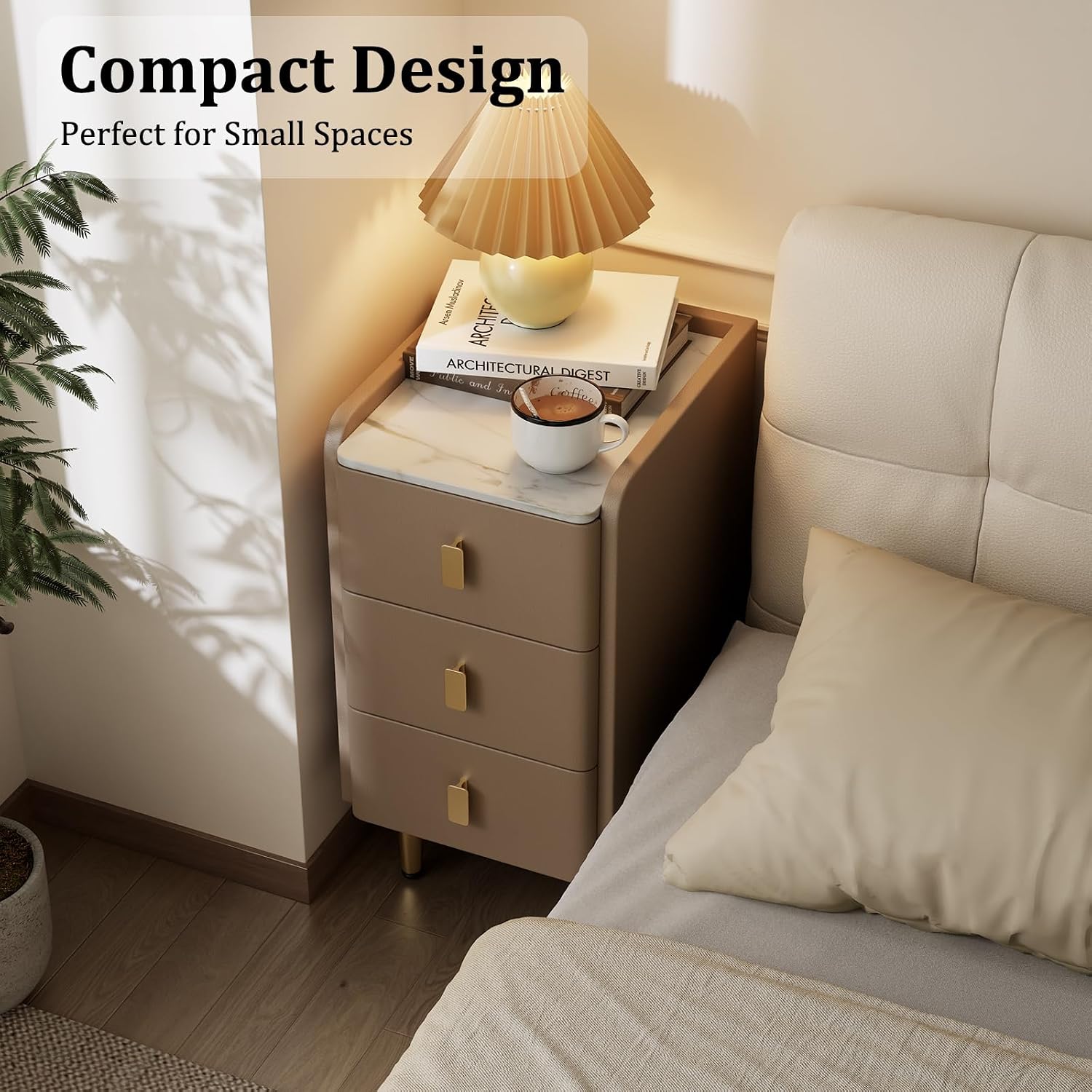 AQIMUELE Narrow Nightstand with Drawers, Narrow Side Table Leather, Small Bedside Tables for Bedroom. (Beige)