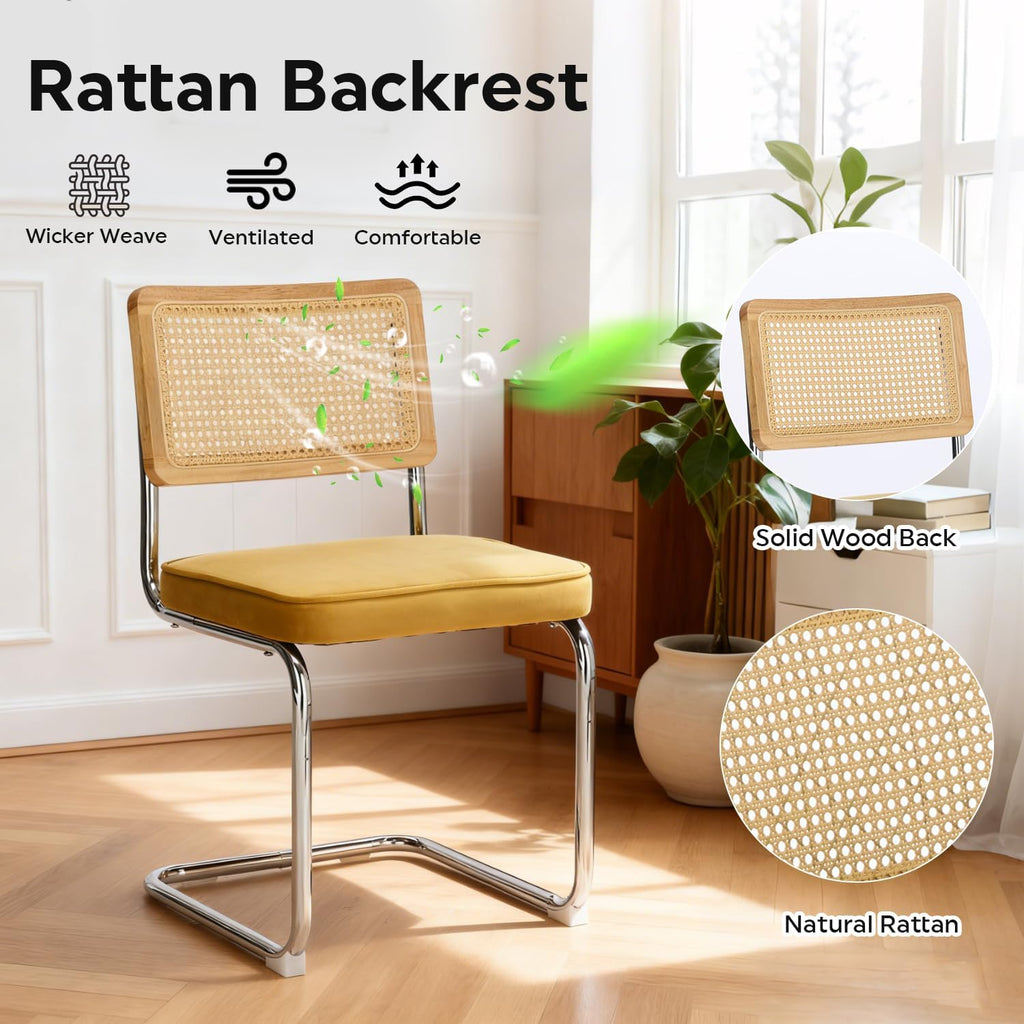 Rattan Dining Chairs Set of 4, Mid Century Kitchen Chairs with Natural Mesh Rattan Backrest & Metal Chrome Legs, Cesca Design Velvet Dining Room Chairs for Kitchen, Gold Yellow(Chair Only)