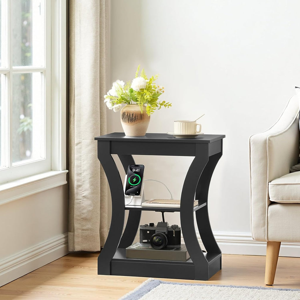 MAHANCRIS Black End Table with Charging Station, Skinny Side Table with USB Ports and Outlets, Nightstand, 3 Tier Bedside Table with Storage Shelf for Living Room, Bedroom, Small Space, ETBK53E01