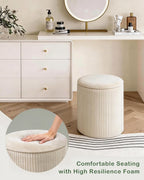 LITZFUR Round Ottoman with Storage, Velvet Foot Rest Stool, Beige | Versatile Upholstered Vanity Stool, Padded Folding Storage Ottoman for Living Room, Bedroom and Dorm