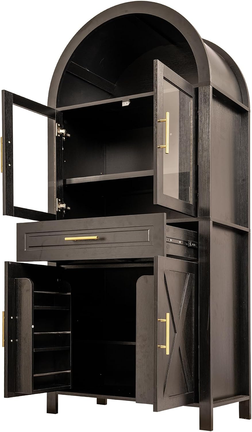71" Tall Arched Kitchen Pantry with Glass Door, Farmhouse Storage Cabinet with Adjustable Shelves & Barn Door for Kitchen, Living Room, Dining Room, Black