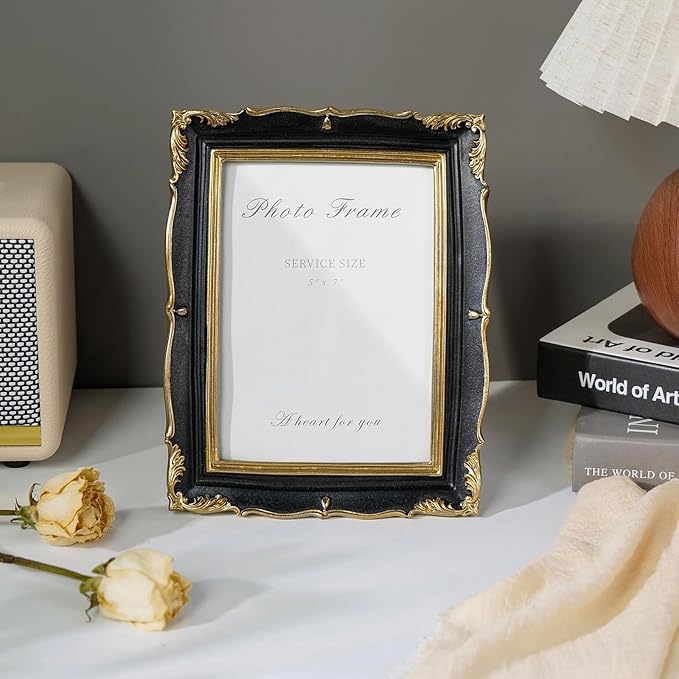 Cuspin Vintage Picture Frame 5x7 Black and Gold Frame, Ornate Textured Hand-Crafted Resin Photo Frames with Glass Front, Decorative Picture Frame for Wall & Tabletop, Antique Frame Home Decor