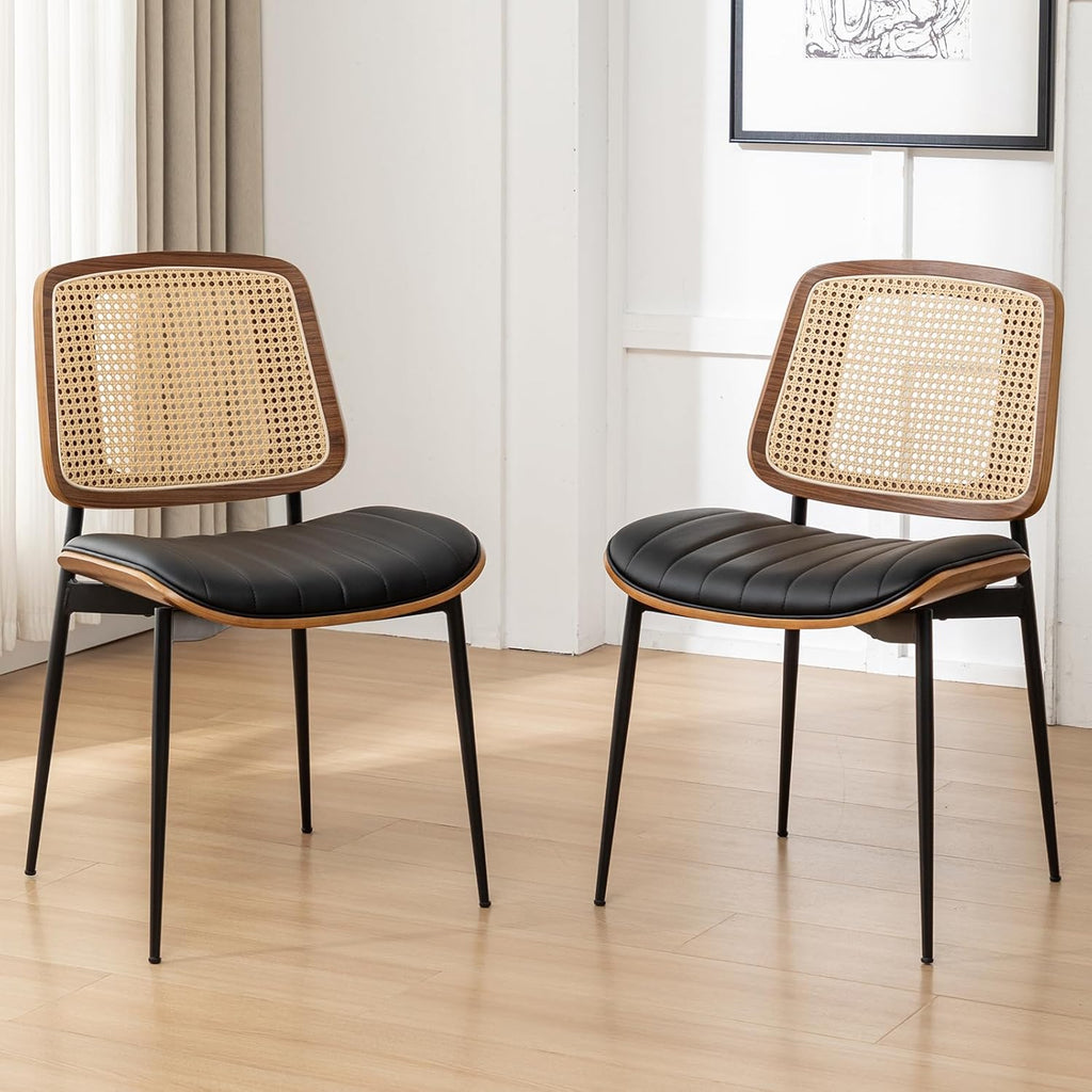 Rattan Dining Room Chairs Set of 4,Mid Century Black PU Leather Kitchen Chairs,Upholstered Seat Metal Legs Chair with Adjustable Foot Pads,Walnut Armless Side Chair