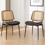 Rattan Dining Room Chairs Set of 4,Mid Century Black PU Leather Kitchen Chairs,Upholstered Seat Metal Legs Chair with Adjustable Foot Pads,Walnut Armless Side Chair
