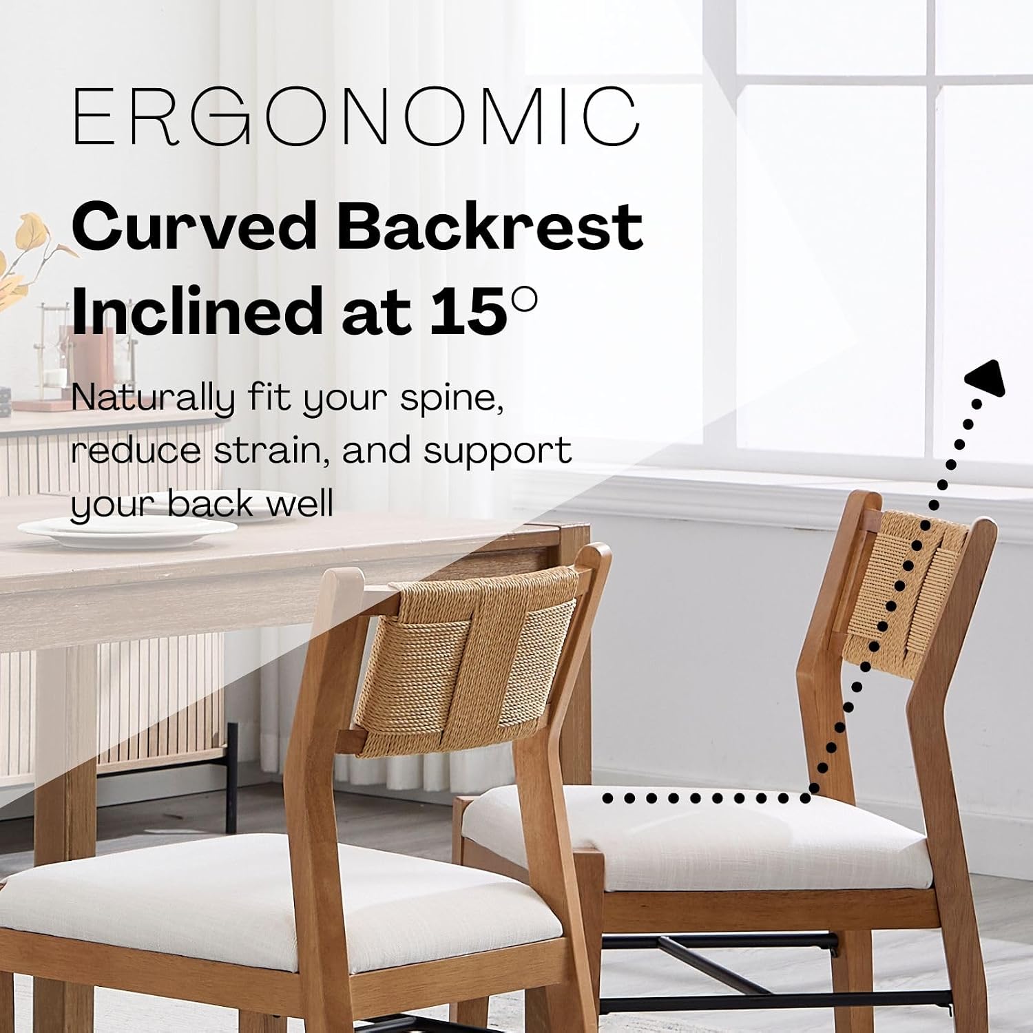 BESTANO Modern Armless Dining Chairs with Rope Woven Back Set of 2, Beige Linen Fabric Upholstered Kitchen & Dining Room Chairs, Mid-Century Classic Farmhouse Wooden Side Chair