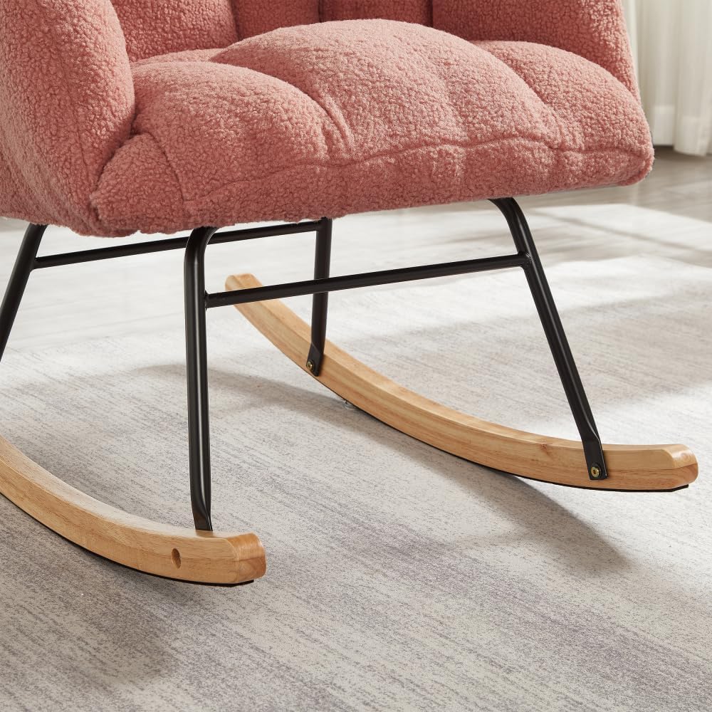Tufted Upholstered Teddy Fabric Glider Rocking Chair with Metal Frame, Ergonomic Accent Chair for Living Room, Bedroom, and Leisure Spaces (Pink + Teddy)