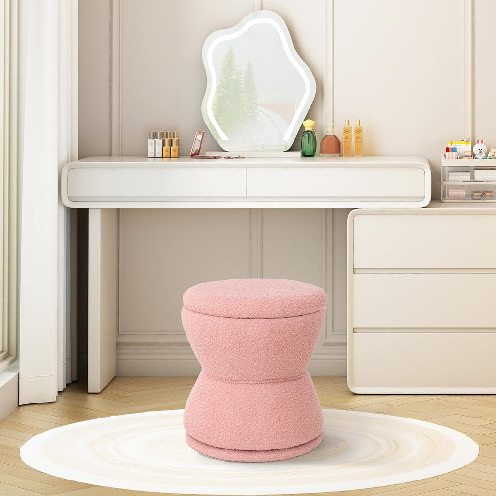 DHMAKER Round Storage Ottoman, Swivel Teddy Vanity Stool Chiar,Modern Sherpa Footstool, Makeup Chair Upholstered Footrest for Living Room, Bedroom, Entryway,Pink