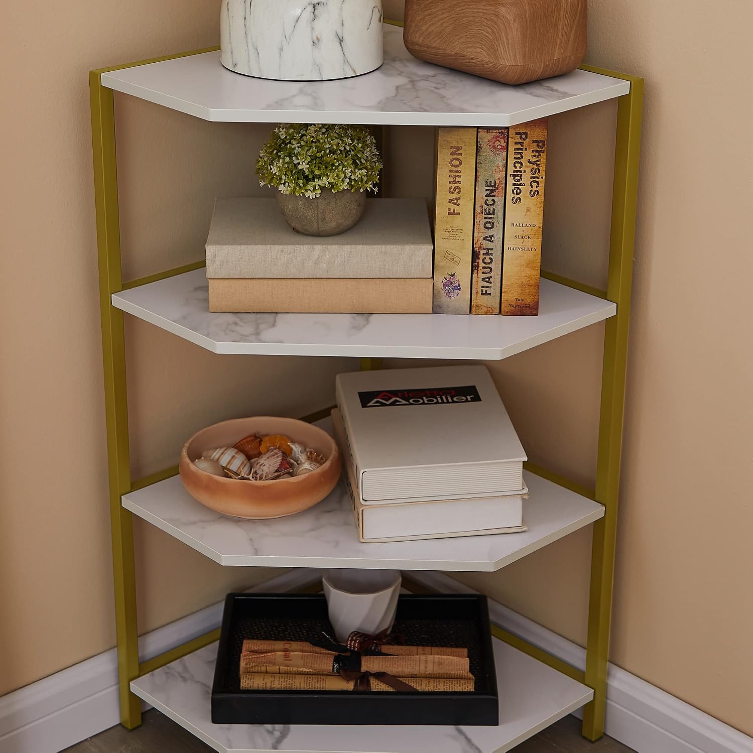 VECELO 31 Inch Corner Shelf, 4-Tier Display Shelves, Wood Storage Stand with Metal Frame, Multipurpose Shelving Unit for Small Space, Home Office,Brushed Gold