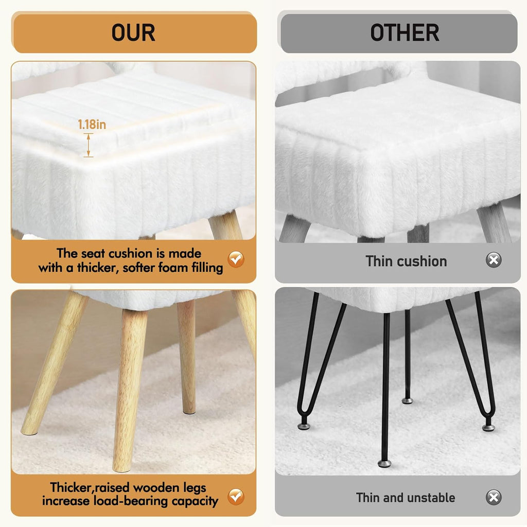 Vanity Stool with Storage & Folding Backrest,Faux Rabbit Fur Small Makeup Chair with 4 Solid Wood Legs,11.4" D x 14.9" W x 28.7" H,Soft Ottoman for Living Room,Bedroom,Closet,White