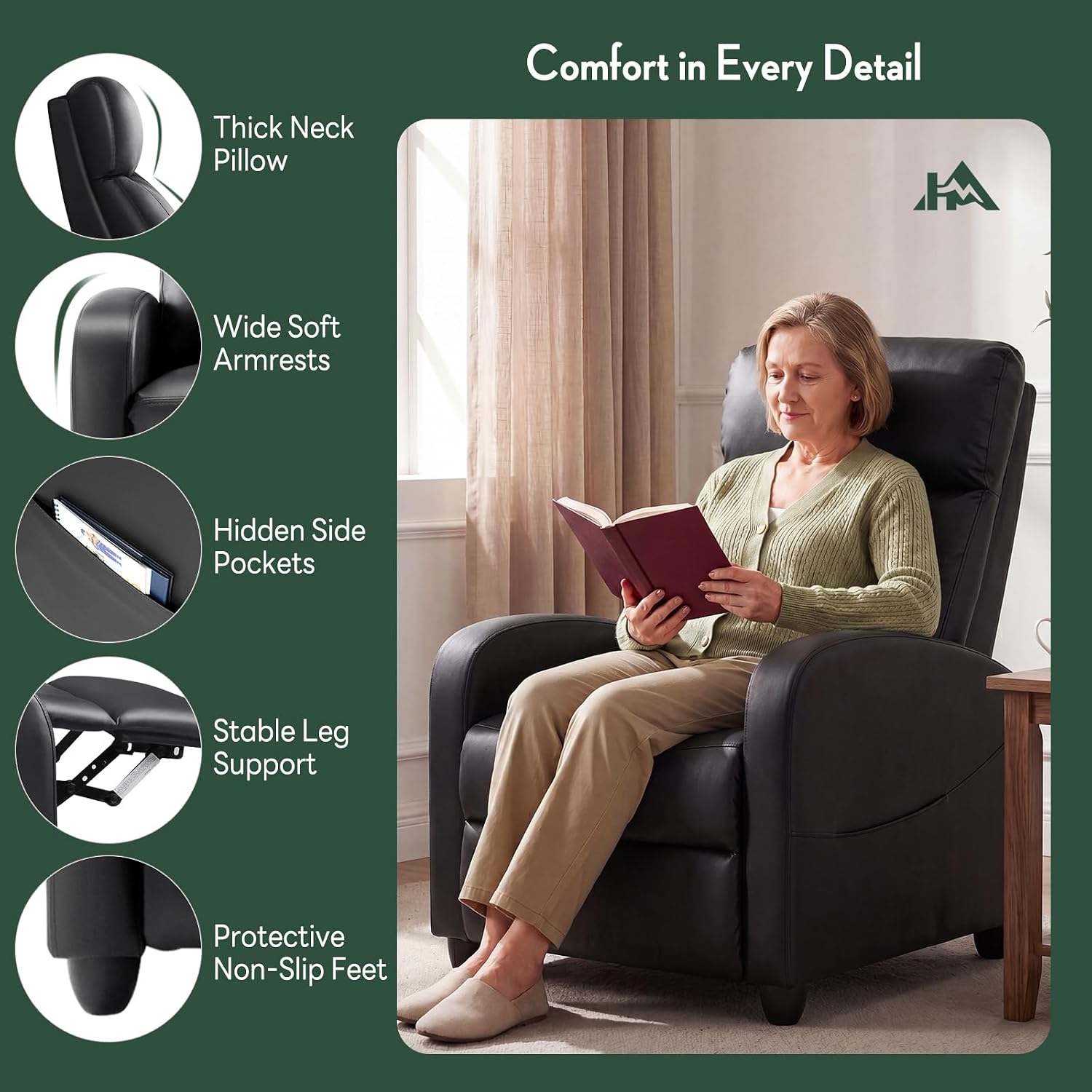 Massage Recliner Chair, Recliner Sofa Fabric for Adults, Recliners Home Theater Seating with Lumbar Support, Reclining Sofa Chair for Living Room, Ink