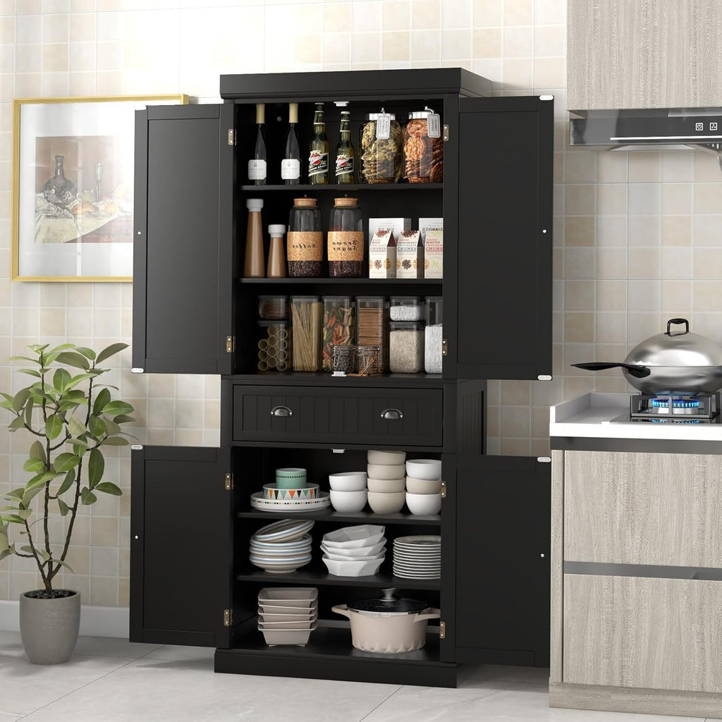 DORTALA 72” Tall Kitchen Pantry Cabinet, Wood Storage Cupboard w/ 4 Adjustable Shelves, 2 Cabinets & Drawer, Utility Freestanding Storage Cabinet for Kitchen, Hallway, Living Room, Black