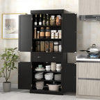 DORTALA 72” Tall Kitchen Pantry Cabinet, Wood Storage Cupboard w/ 4 Adjustable Shelves, 2 Cabinets & Drawer, Utility Freestanding Storage Cabinet for Kitchen, Hallway, Living Room, Black