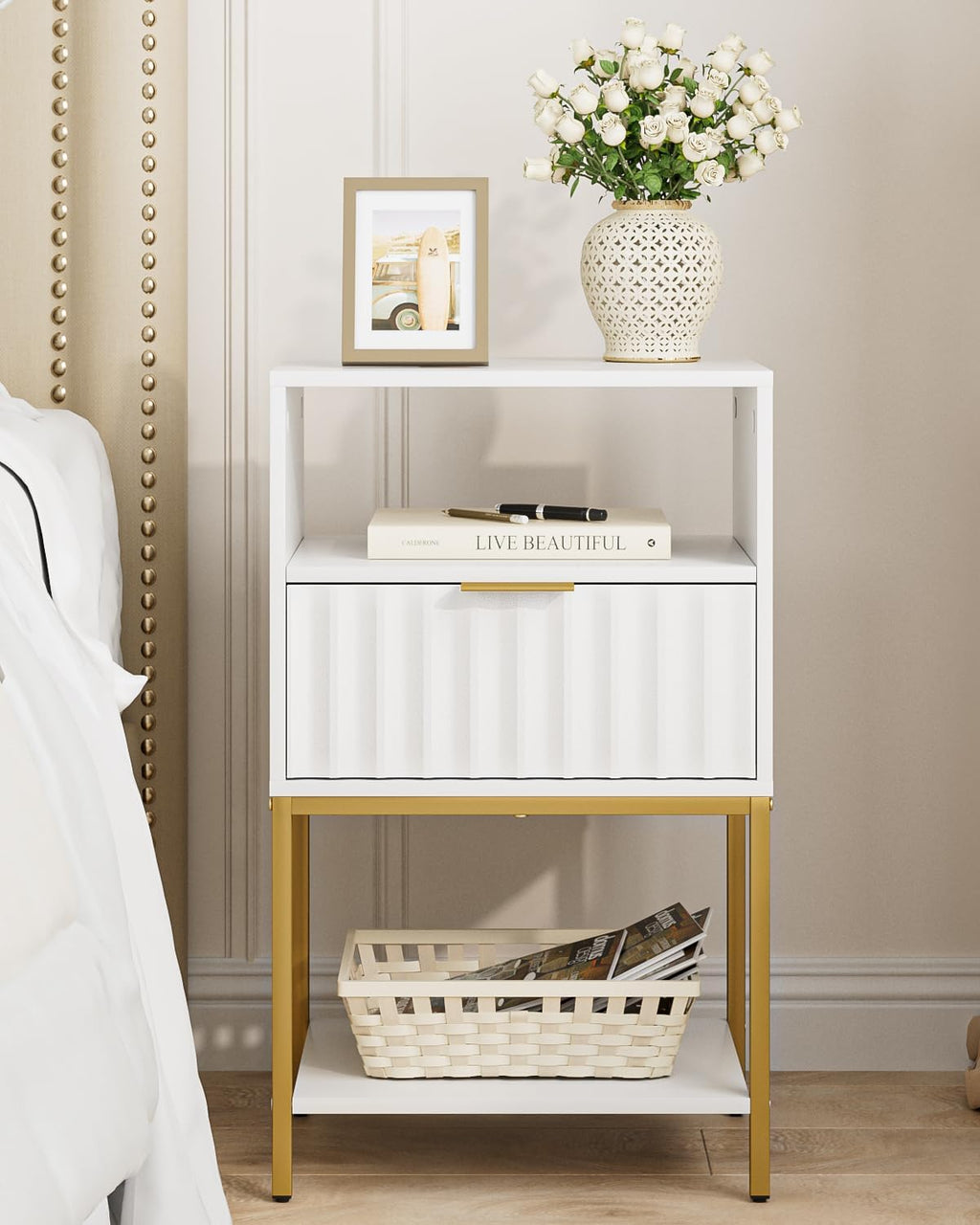 Nightstand,Modern Bedside Table with One Drawer and Two Shelf，White Night Stand，Tall End Table with Gold Frame for Bedroom,Living Room,Wave