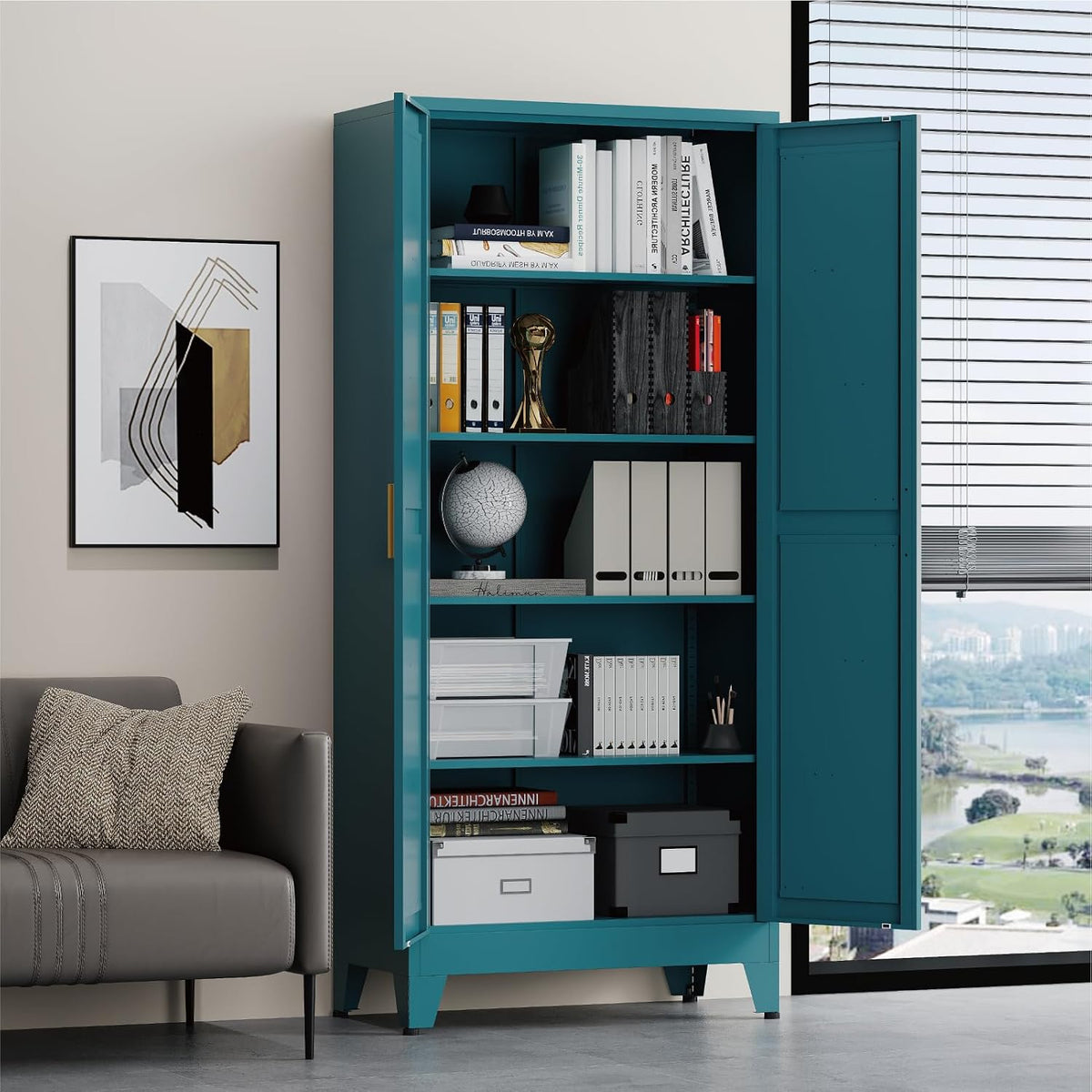 Tall Kitchen Pantry Storage Cabinet,Metal Blue Cabinets With Doors and Adjustable Shelves,Garage Storage Cabinets,Large Steel Shop Cabinet With Lock,Lockable Tool Cupboard For Living Room (Blue)