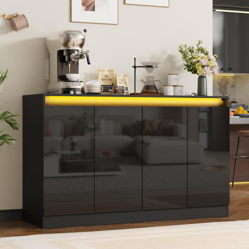 Furnify 51" W Buffet Cabinet with 4 Doors, High Gloss Sideboard Coffee Bar with LED Lights & Charging Station, Handless Modern Sideboard Storage Cabinet for Living Room, Entryway, Black
