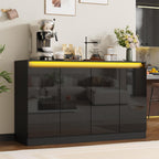 Furnify 51" W Buffet Cabinet with 4 Doors, High Gloss Sideboard Coffee Bar with LED Lights & Charging Station, Handless Modern Sideboard Storage Cabinet for Living Room, Entryway, Black