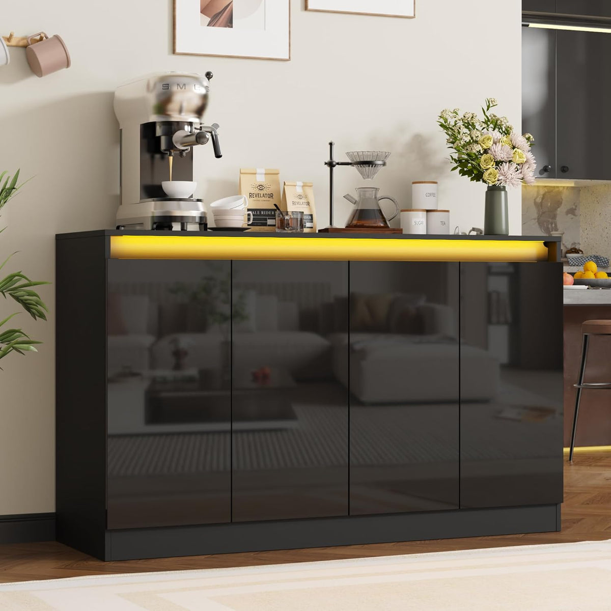 Furnify 51" W Buffet Cabinet with 4 Doors, High Gloss Sideboard Coffee Bar with LED Lights & Charging Station, Handless Modern Sideboard Storage Cabinet for Living Room, Entryway, Black