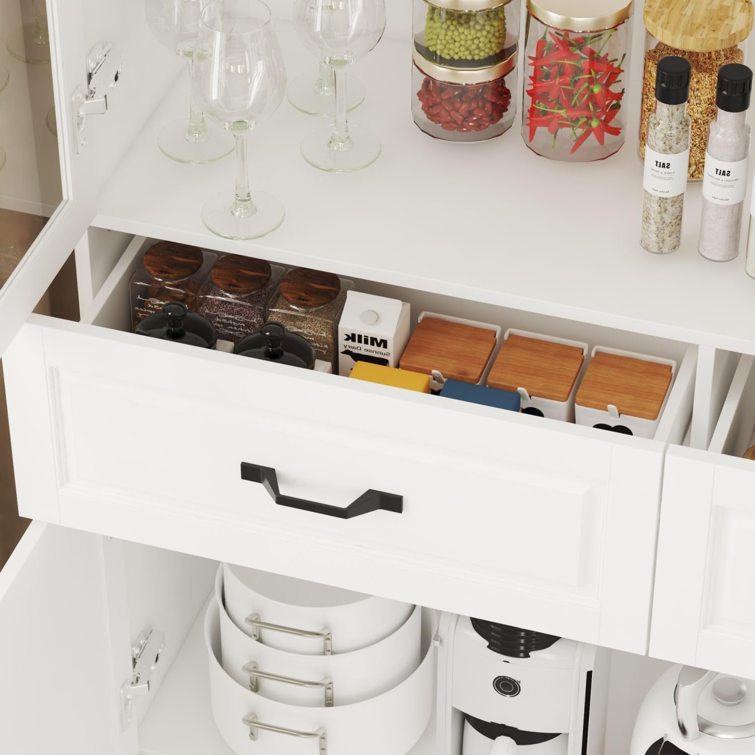 MOUMON Pantry Cabinet Kitchen Storage Cabinet with 3 Glass Doors, Kitchen Pantry with Shelves & 2 Drawers, White (47.2”W x 15.7”D x 78.7”H)